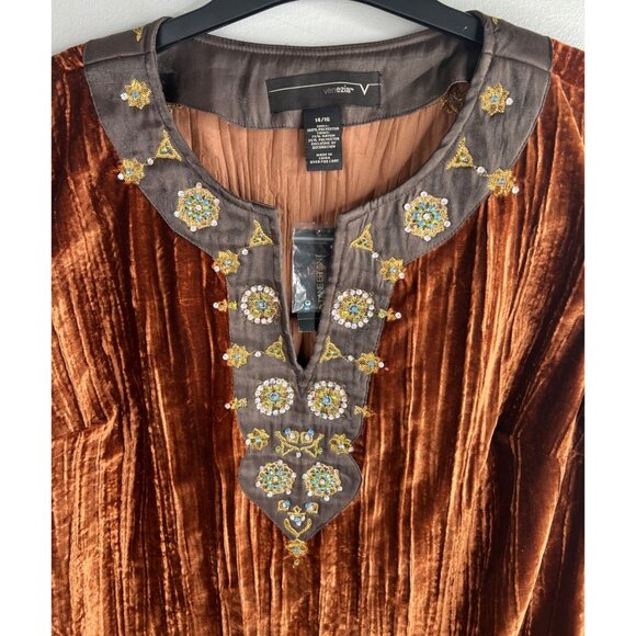 Venezia Womens Velvet Embellished Tunic Top Brown Long Sleeve Boho Blouse 14/16 - Picture 8 of 11